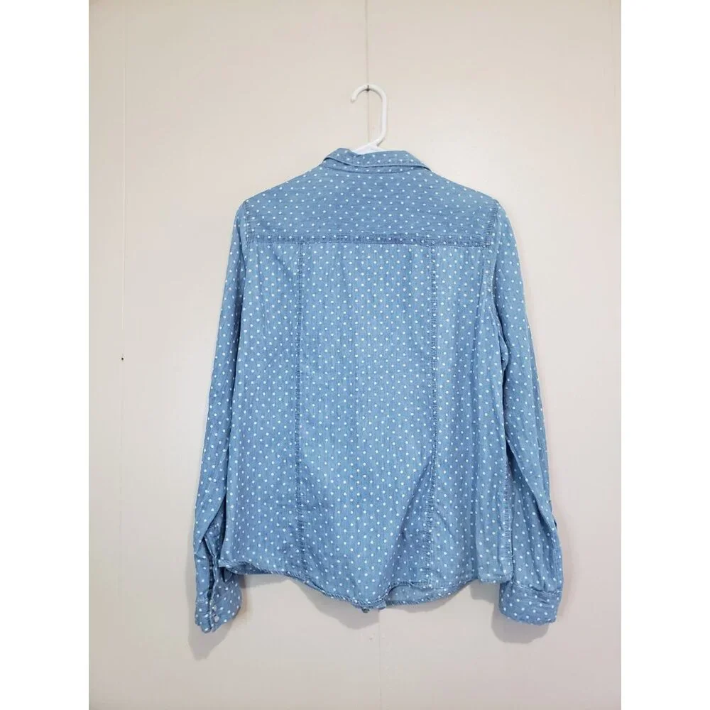 Wallflower Womens XL Blouse Pearl Snap Front Denim Chambray Polka Dot Western - Picture 2 of 6